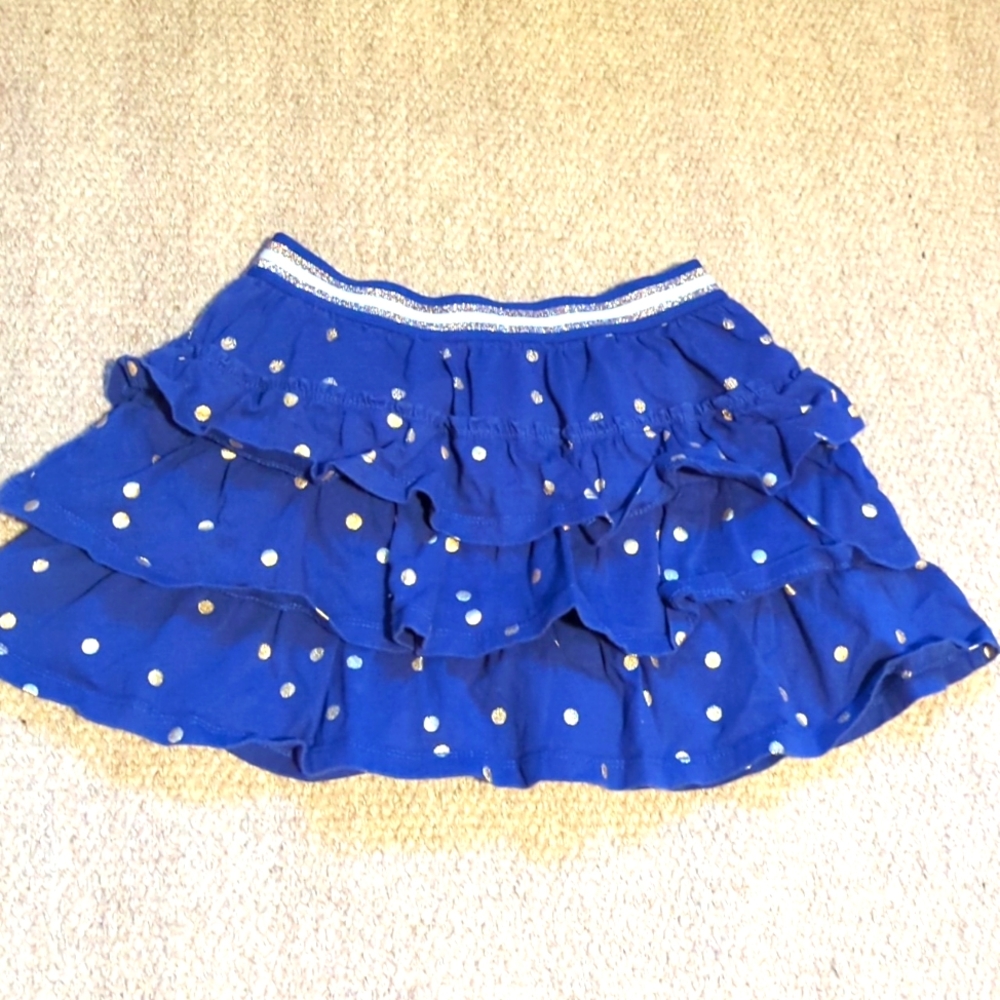 Boden Blue Tiered Jersey Ruffle Skort Skirt with Gold Polka Dots Size 8-9Y